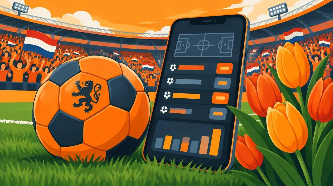 Oranje voetbal en smartphone met quoteringen als beeld voor bookmakers en voetbal wedden zonder Cruks