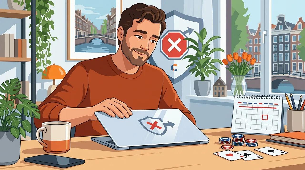 Nederlandse speler sluit zijn laptop naast een kalender als symbool voor een vrijwillige gokstop via Cruks