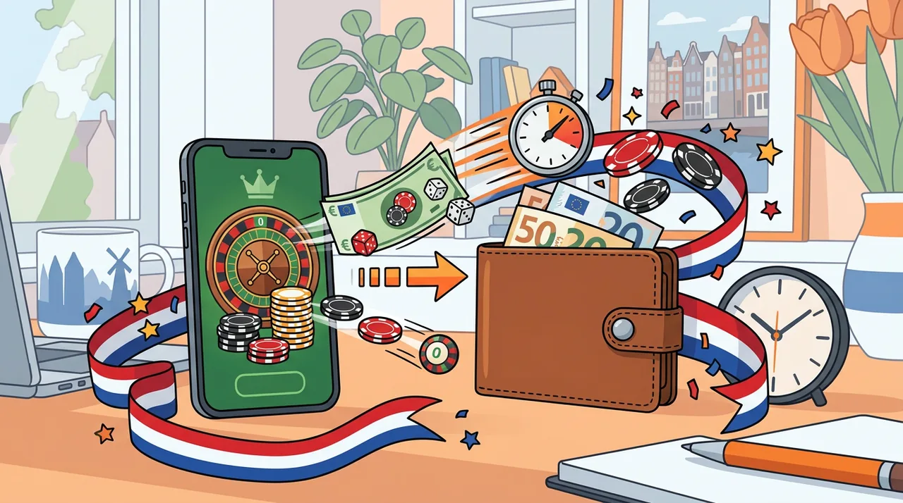 Voltooide casino-uitbetaling van smartphone naar portemonnee met een klok als symbool voor snelheid