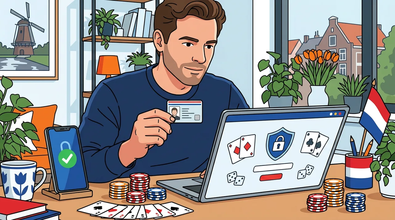 Nederlandse speler verifieert veilig zijn identiteit met identiteitsbewijs, laptop en beveiligde smartphone