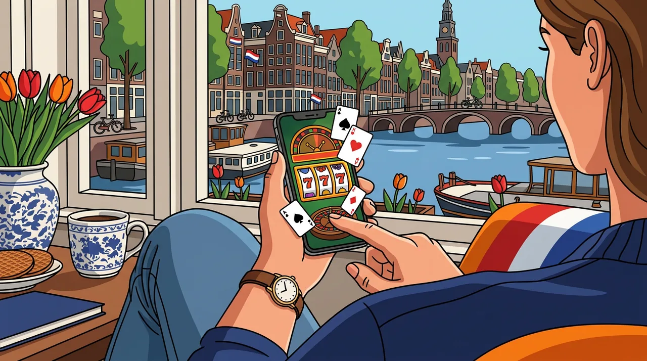 Nederlandse speler bekijkt een mobiel casinospel op zijn smartphone bij een raam aan de Amsterdamse grachten