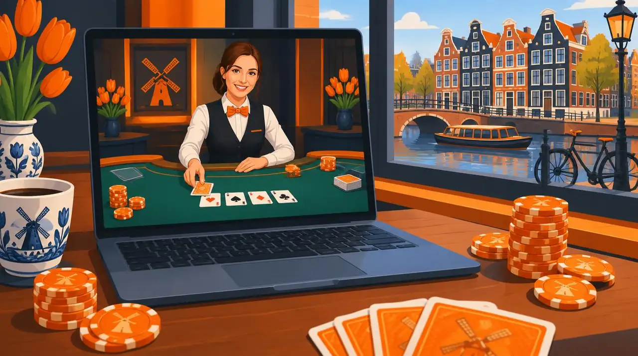 Live dealer aan een pokertafel op een laptop als beeld voor live casino en poker zonder Cruks