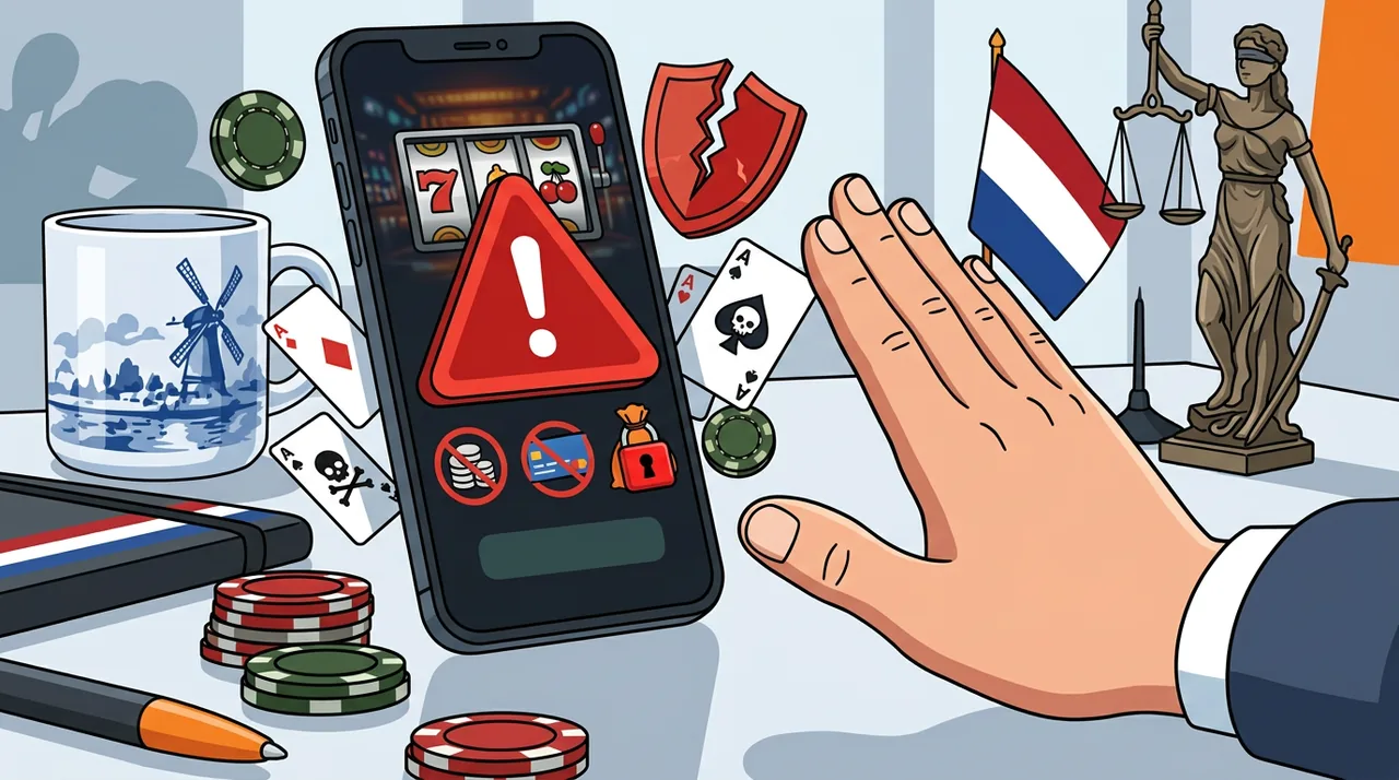 Hand stopt voor een casinowebsite op een smartphone waarop duidelijke waarschuwingssignalen zichtbaar zijn